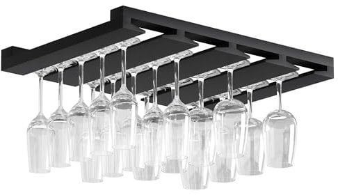 Rustic State Eze 4 Sectional Under Cabinet Mount Wood Stemware Rack Hanging Shelf Glassware Holder Bar Organizer with up to 12 Wine Glass Storage 12 Inch - Deep Black