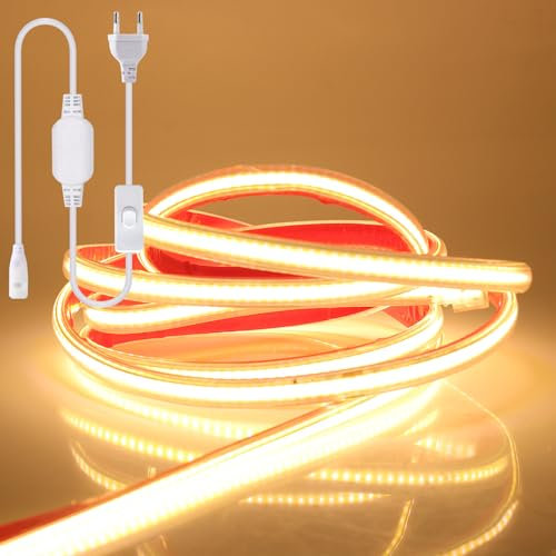 Wisada 15m COB LED Band Selbstklebend, 220V 288LEDs/M FCOB LED Streifen, Superhell Warmweiß Flexibler COB LED Lichtband mit Schaltstecker für Weihnachten, Urlaub, Innendekoration und Beleuchtung