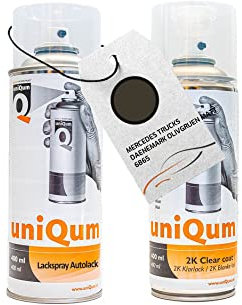 UniQum Autolack + Klarlack 2K Spraydose fürs Auto für MERCEDES TRUCKS DAENEMARK OLIVGRUEN MATT 6865 Autolack Reparatur 2 x 400 ml