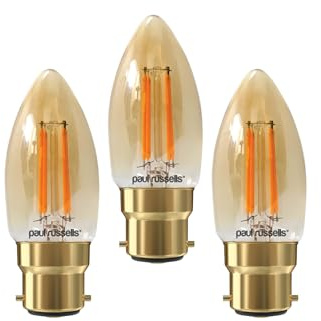 paul russells LED Filament Candle – Dimmable Bayonet Cap B22 Light Bulbs, 4.5Watt 423LM C35 Bulbs, 40w Equivalent, 2200K Extra Warm White Dimmer BC Energy Saving Chandelier Lamps, 3 Pack