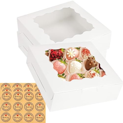 30 Pack White Pie Boxes with Window 8x8x2.5 Inch Donut Boxes, Bakery Boxes, Cookie Boxes, Paper Treat Boxes, Pastry Boxes, Dessert Boxes for Cakes, Strawberries, Donuts, Muffins, Macaroon