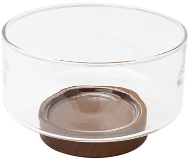 KVMORZE Salatschüssel aus Glas mit Holzboden, klare Obstschale, großes Fassungsvermögen, vielseitige Servierschale für Snack, Dessert, Nudeln, mikrowellen- und spülmaschinenfest, Küchen-Must-Have,
