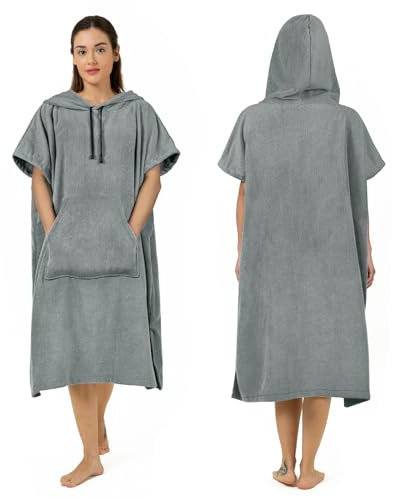 Zingtto Surf Poncho Wickelmantel, extra groß, dick, Handtuch-Poncho für Damen und Herren, mit Kapuzentasche für Strand, Schwimmen, 104,1 x 83,8 cm, Grau