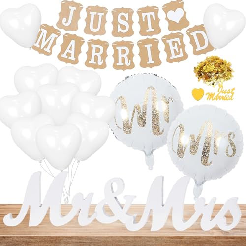 Hochzeitsdeko Set, Just Married Girlande mit Ballons, Mr & Mrs Deko Buchstaben Hochzeit, Vintage Just Married Banner, Weiß Hochzeit Dekoration Standesamt Deko Brautdusche Wedding