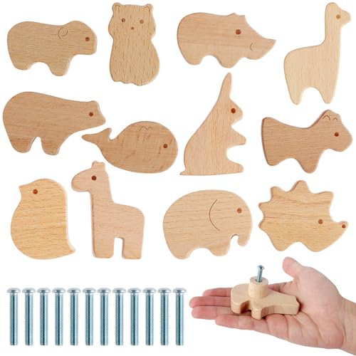 12Pcs Wooden Cabinet Knobs with Screws, 25cm Cute Animal Shape Furniture Pull Handle for Kids Room, Log Color Wooden Handles for Cabinets for Children's Room Nursery