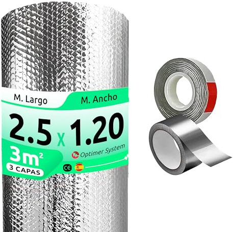 Optimer System | Aislante Termico reduce el Frio y el Calor | Panel Reflectante Radiador te ayuda a Reducir el gasto de Electricidad | Polipropileno 100% | 2.5x1.20m | 3m² + 2 Cintas Adhesivas