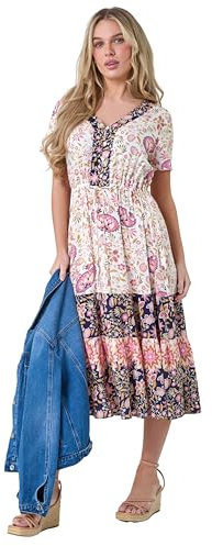 Roman Originals Shirred Waist Dress for Women UK Ladies Midi Maxi Summer Spring Tiered Frill Hem Empire Waist Short Sleeve V Neck Gathered Skirt Bohemian Holiday - Petite Light Pink - Size 10