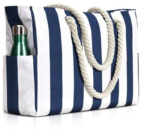 NCKIHRKK Grand Sac de Plage pour Femmes, Sac de Plage XXL Extra Large Famille, Sac Cabas Étanche avec Poignée et Poche Intérieure, pour La Plage, La Piscine, Le Gymnase, Le Voyage, Rayure Bleu