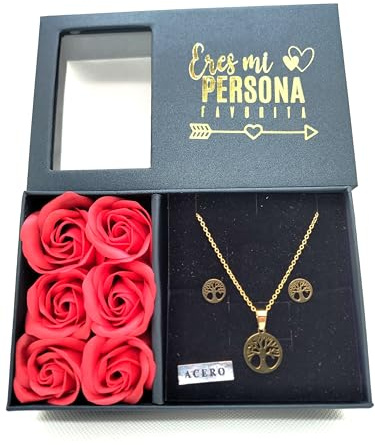 EUROAMZ Boîte de 6 roses éternelles parfumées, ensemble pendentif et boucles d'oreilles + sac, cadeau fête des mères, anniversaire, Saint Valentin, anniversaire, cadeau femme, Mediano, Papier, Non