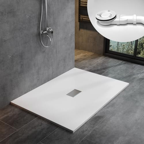 WITEN&NOCK SMC Duschwanne 140x100cm weiß Brausewanne Duschtasse 3,2cm extra flache Steinoptik Antirutsch inkl. Edelstahl Abdeckung und Ablaufgarnitur Ø90mm Siphon