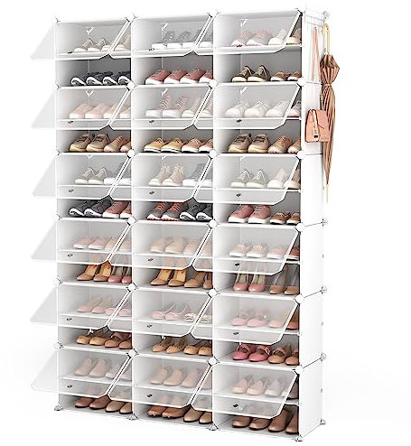 Vicye Mueble Zapatero Plástico de 12 Niveles 18 Compartimentos, Armario Zapateros Modular con Puerta Transparente para 72 Pares, Organizador Zapatos para Entrada, Dormitorio (Blanco, 3 x 12)