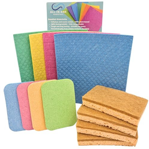 Biodegradable Cleaning Product Bundle With Eco Sponges Washing Up x 4, Swedish Dishcloth x 4, and Compostable Non Scratch Scourers x 4