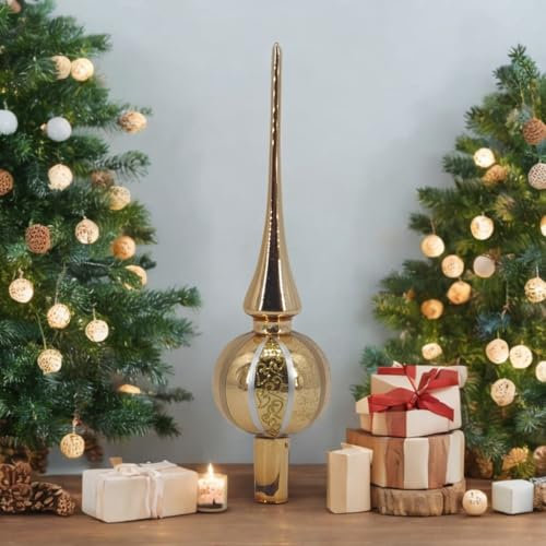 Dekorative Goldene Verzierte Christbaum Spitze, Höhe 27 cm Weihnachtsbaumspitze glänzend aus echtem Glas für Weihnachten Tannenbaum Spitze für den Christbaum