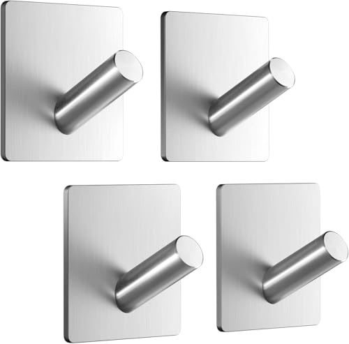 Dripex Stainless Steel Self Adhesive Hooks - Set of 4, Strong Sticky Hooks for Hanging Towels, Bathroom & Kitchen Use