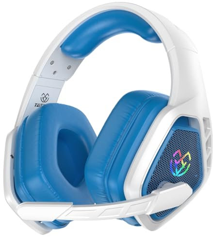 Tatybo Casque Gaming sans Fil pour PC, PS5, PS4, 2,4 GHz USB et Type-C avec Microphone, Batterie 40H, Casque Bluetooth pour Switch, Ordinateur Portable, Mobile, Mac, Blanc et Bleu