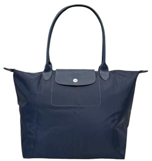 Designer-ähnliche Tragetasche, Echtlederbesatz, faltbar, Nylon, leicht, Reißverschluss, flache Innentaschen, Marineblau, Medium