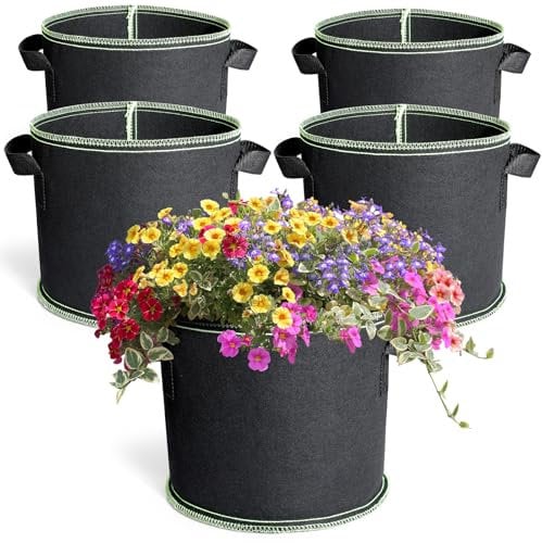 Romon Pflanzsack, 5 Stück Stofftopf 11 L (3 Gallonen), Pflanzsäcke Wachsende Tasche, Vliesstoff Pflanztasche mit Griffe für Gemüse, Blumen, Früchte, Gewächshaus und Garten
