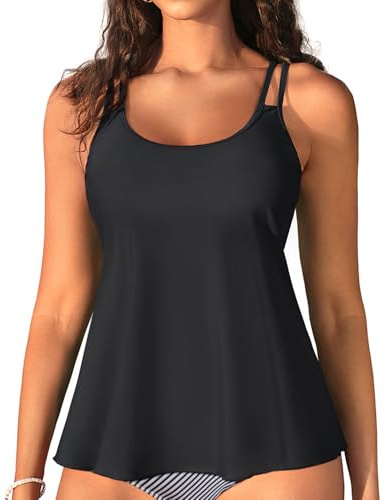 Womens Flowy Tankini Tops Only - Modest Bathing Suit Loose Fit Swimsuit Swim Tops No Bottom 2025 (Available in Plus) Black