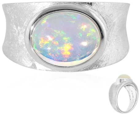 Cavill Welo Opal Ring 1,55 Karat Ovaler Cabochon Äthiopien 925er Sterling Silber, Modernes Breites Band, Schillerndes Blau Grün Rosa Schmuckstück, Elegant und Zeitgemäß