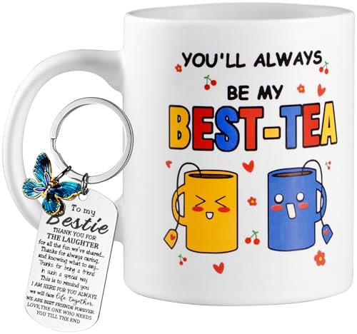 Azrra Friend Mug with Keychain, Best Friend Birthday Christmas Gifts for Women, Sister, Bestie, Funny Cute Friendship Ceramic Coffee Cup, 11 oz