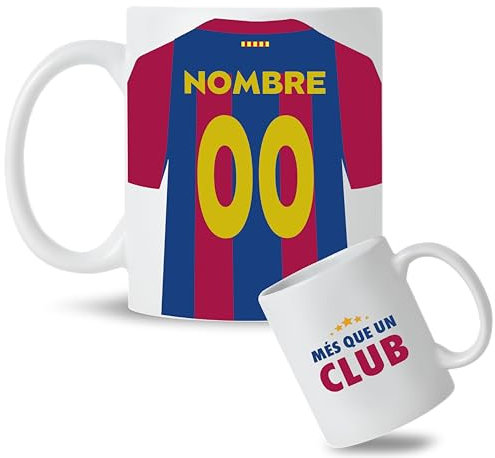Taza Personalizada con nombre y dorsal de tu equipo preferido de Fútbol. Tazas de Desayuno personalizada. Regalo Original para Aficionados del Fútbol. Regalos Mundial. (Barcelona)