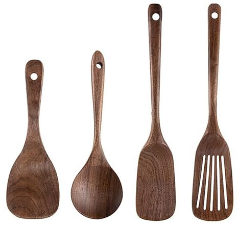 UPTALY 4 pcs Wooden Kitchen Utensils Set (A5), Natural Black Walnut Spoons, Thickened Ladle, Wood Slotted Spatula Turner, Extra Long Mixing Spoon, Scraper