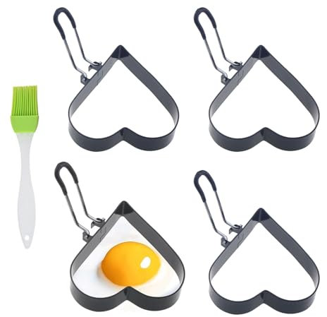 Huamirra Spiegeleiformen Edelstahl, 4 Stück Egg Ring, Herz Spiegeleierformen, Antihaft Pancake Form, mit Klappgriffen und Ölpinsel, Eierring für Spiegeleier,Hackbraten,Sandwich