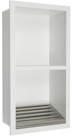PurpleMinder Douche murale, 34 x 18 cm, en acier inoxydable, pour salle de bain, gain de place, double étagère, blanche