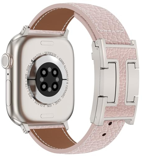 CHANCHY Leather Straps for Apple Watch Strap 46mm 45mm 44mm 42mm(Series 3 2 1), Replacement Genuine Leather Strap for iWatch SE 3 2 1/ Series 11 10 9 8 7 6 5 4 3 2 1, Pink+Starlight Bucker
