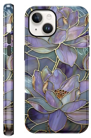 Phoona Lilac Flower Pattern Case for iPhone 14 6.1, Aesthetic Trendy Stylish Dsign for Girl Women, Shockproof Slim Soft TPU and Hard PC Frosted Double Protective Cover