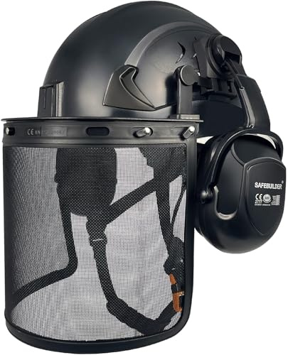 SAFEBUILDER Casque de sécurité forestier de type 2 avec doublure en mousse ventilée pour l'extérieur et l'industrie ANSI (G2C-noir + protection faciale en maille)