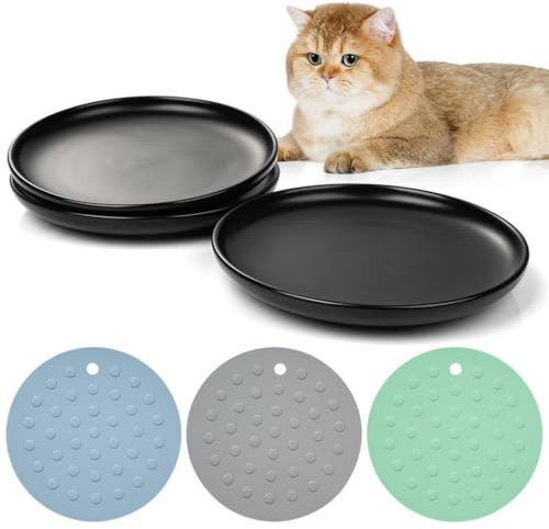 yeeplant Juego de 3 cuencos de cerámica para gatos, platos anchos y poco profundos con alfombrillas antideslizantes, para aliviar la fatiga del bigote, aptos para lavavajillas