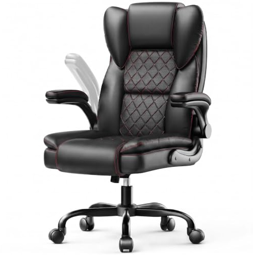 rattantree Bürostuhl, Großer Ergonomischer Bürostuhl mit Verstellbarer Lendenwirbelstütze, PU Leder Chefsessel, Drehstuhl mit Hochklappbaren Armlehnen, Liegestuhl für Büro und Zuhause, Schwarz