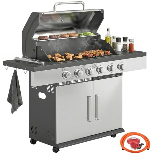 Outsunny 6 Burner Propane Gas BBQ Grill with Warming Rack, Silver | Outdoor Portable Gas Barbecue Grill, Side Tables, Storage Cabinet, Thermometer, 4 Wheels, Grease Tray, Outdoor Cooking