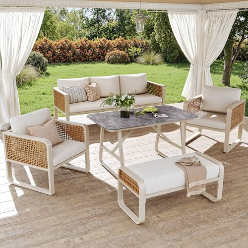 Trdlpyn Set Salone da giardino per 6-7 persone, Resistente Alle Intemperie, Gruppo di Sedute in rattan PE con Tavolo, Divano a 3 posti con Cuscini Lavabili, Piedini Regolabili, Mobili da esterno