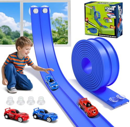 KETIEE Autorennbahn 5M Inklusive 2 Autos: Flexible Rennbahn Rennstrecke Auto Rennbahn Kinder 3 4 5 6 Jahre Spielzeug Autobahn Rampen Dual Rennstrecke für 1/64th Autos Geschenk für Kinder, Indigo