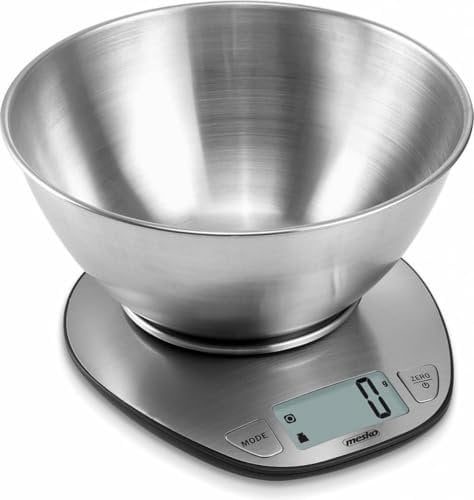 MESKO MS 3152 Báscula de Cocina Digital con Bol Removible, Acero Inoxidable, Balanza Electrónica con Cuenco 1,8 Litros, 5 kg, Alta Precisión 1 g, TARA, Medición de Líquidos