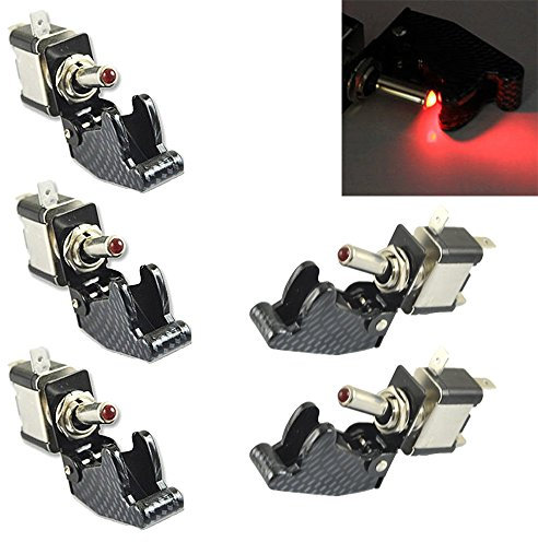 Mintice 5 X Interrupteur Commutateur à Bascule Levier SPST ON/OFF Couvercle Fibre Carbon Rouge Lumière LED 20A 12V pour Voiture Camion Bateau Moto