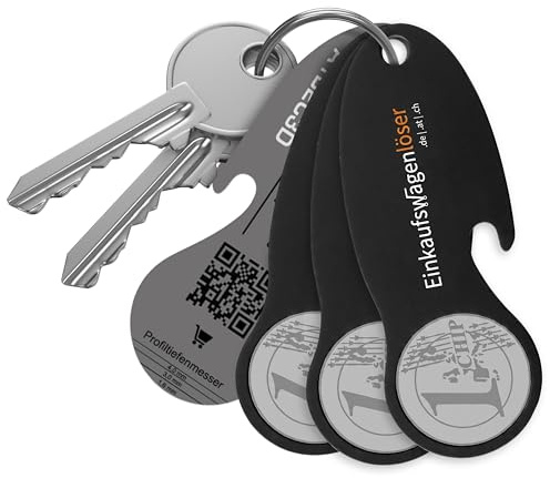 Einkaufswagenlöser Münze Schwarz – funktionaler Schlüsselanhänger mit Einkaufswagenchip, Flaschenöffner & Profiltiefenmesser – hochwertiger Einkaufschip mit Fundservice