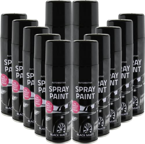 All Purpose Automotive Spray Paint 250ml Can Black Matt Finish Aerosol Metal Interior Exterior Fast Dry Excellent Coverage Adhesion- Black Matt - 12 Pack