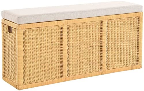 korb.outlet Breite Schmale Sitztruhe/Sitzbank mit Wäschefach aus Natur-Rattan mit Gepolstertem Sitz (Honig)