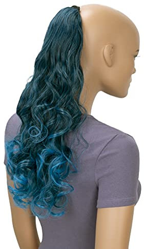 CAISHA 50cm Haarteil Ponytail Zopf Haarverlängerung Mit 2 Bändern Pferdeschwanz Lockig Schwarz Hellblau HCB5-1