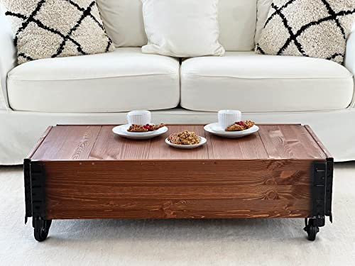 Uncle Joe´s Couchtisch dunkel im Vintage Shabby chic Style aus Massiv-Holz in braun mit Rollen Holzkiste Beistelltisch Landhaus Wohnzimmertisch Holztisch nussbaum