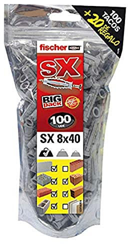 fischer Tasselli parete per calcestruzzo SX 8x40 per fissare lampade, quadri, confezione da 100 tasselli + 20