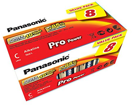 Panasonic LR14PPG/8BB Pro Power Alkaline Battery, C - Baby - LR14, Pack of 8, Gold