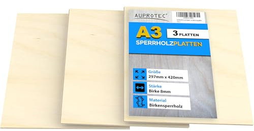 AUPROTEC 3x A3 Placas de madera 8mm Contrachapado de Abedul (297 mm x 420 mm) para manualidades bricolaje marquetería madera maciza contrachapada