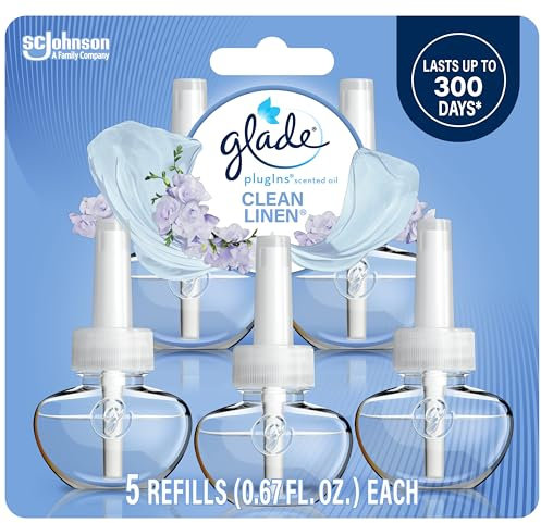 Glade PlugIns Refills Air Freshener, Scented and Essential Oils for Home and Bathroom, Clean Linen, 3.35 Fl Oz, 5 Count