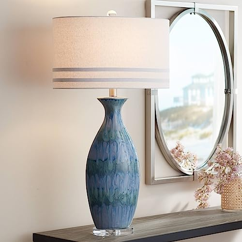 Possini Euro Design Annette Modern Style 3-Way Table Lamp with Table Top Dimmer 38 Tall Blue Drip Ceramic Off White Fabric Oval Shade Decor for Living Room Bedroom House Bedside Home