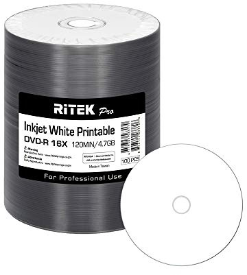 100 Pack Ritek Pro (Professional Grade) DVD-R 16X 4.7GB AZO Dye (MID MXL RG04) White Inkjet Hub Printable Blank Media Recordable Disc