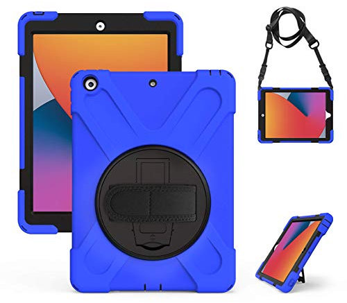 Gerutek Hülle für iPad 9./8./7. Generation (iPad 10.2 Zoll), Stoßfeste Robust Panzerhülle mit Pencil Halter, Drehbar Stände, Handschlaufe Schultergurt Schutzhülle für iPad 10.2 2021/2020/2019, Blau